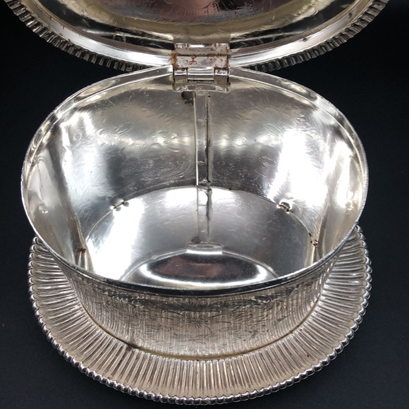VINTAGE MAYELL SILVER PLATE BISCUIT BARREL ETCHED FLORAL, ATTACHED UNDERPLATE - Picture 6 of 10